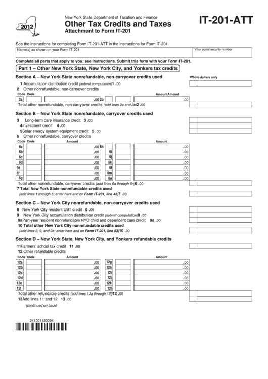 Fillable Form It-201-Att - Other Tax Credits And Taxes - Attachment To Form It-201 - 2012 Printable pdf