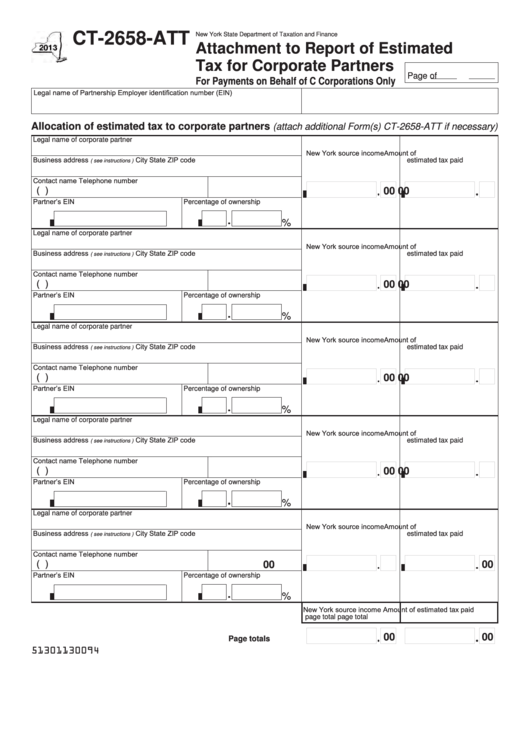 Fillable Form Ct-2658-Att - Attachment To Report Of Estimated Tax For Corporate Partners For Payments On Behalf Of C Corporations Only - 2013 Printable pdf