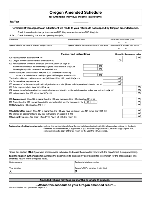 Fillable Oregon Amended Schedule For Amending Individual Income Tax Returns Printable pdf