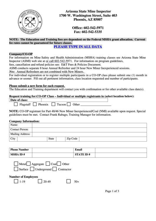 Fillable Arizona Mine Inspector - Training Registration Printable pdf