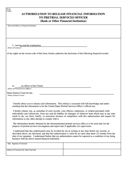 Fillable Form Ps 6c - Authorization To Release Financial Information To Pretrial Services Officer Printable pdf
