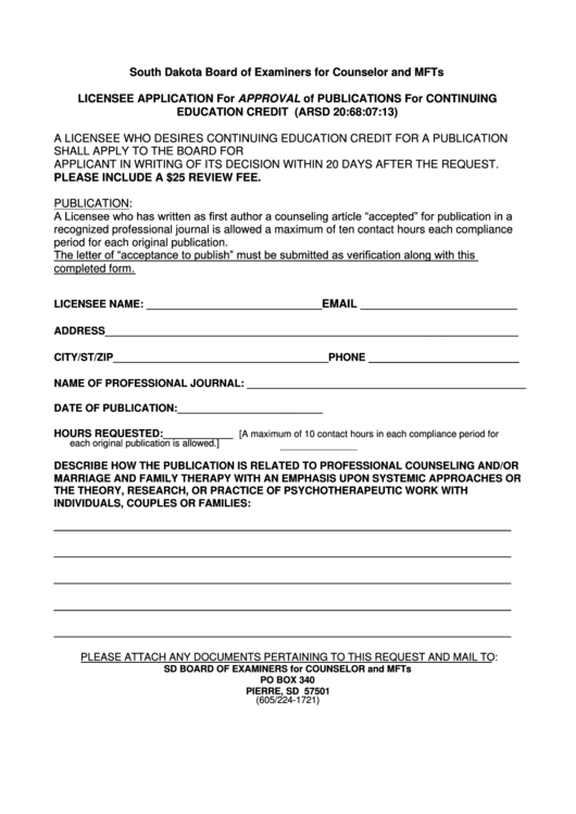 Licensee Application For Approval Of Publications For Continuing Education Credit - South Dakota Board Of Examiners Printable pdf