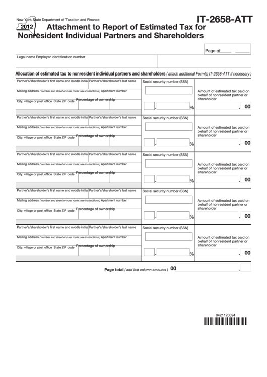 Fillable Form It-2658-Att - Attachment To Report Of Estimated Tax For Nonresident Individual Partners And Shareholders - 2012 Printable pdf