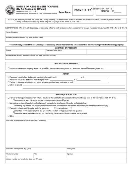 Fillable Form 113/pp - Notice Of Assessment Change - State Of Indiana Printable pdf