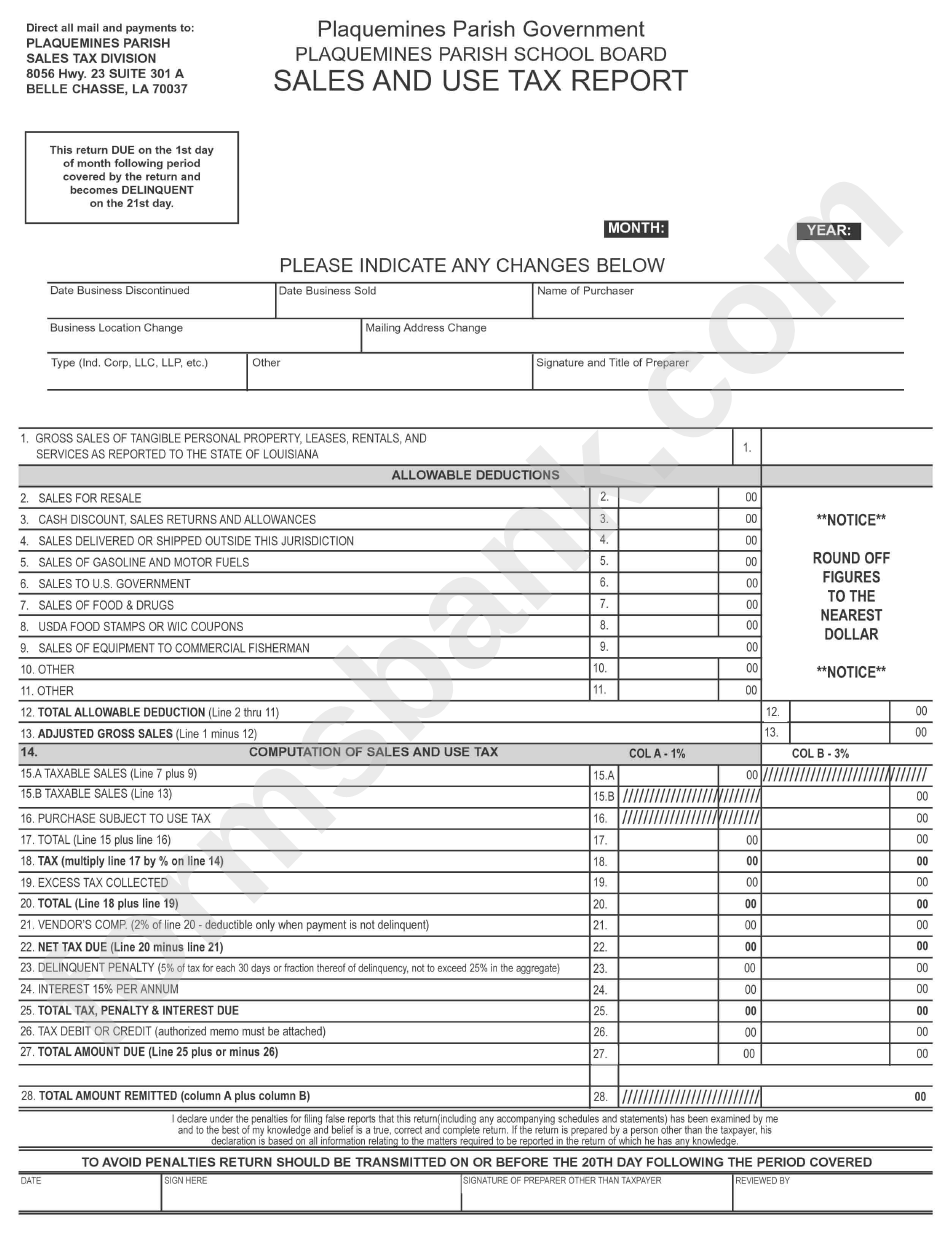 Sales And Use Tax Report Form Plaquemines Parish Government printable