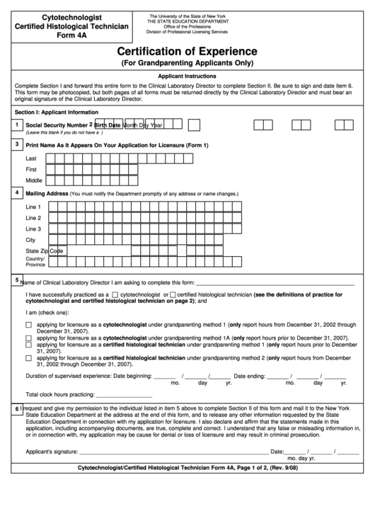 Cytotechnologist/certified Histological Technician Form 4a - Certification Of Experience - The University Of The State Of New York The State Education Department - 2008 Printable pdf