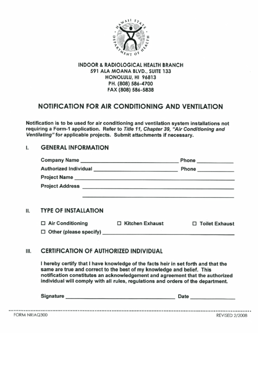 Fillable Form Nriaq300 - Notification For Air Conditioning And Ventilation Printable pdf