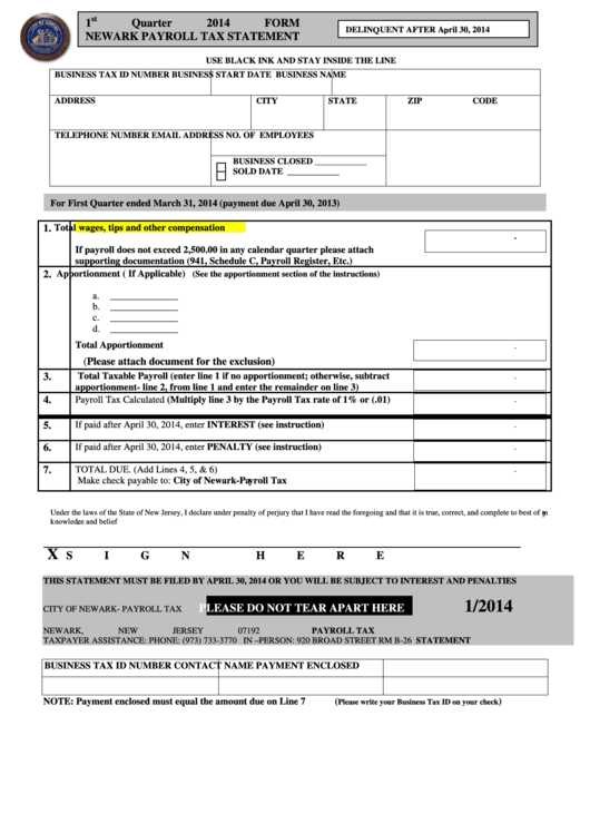 Newark Payroll Tax Statement Form - 2014 Printable pdf