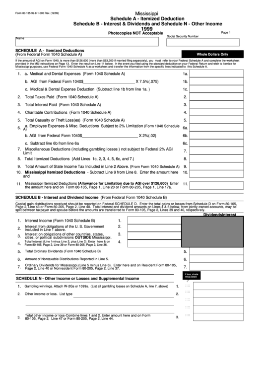 Form 80-135-99-8-1-000 - Schedule A - Itemized Deduction Schedule B - Interest & Dividends And Schedule N - Other Income - 1999 Printable pdf