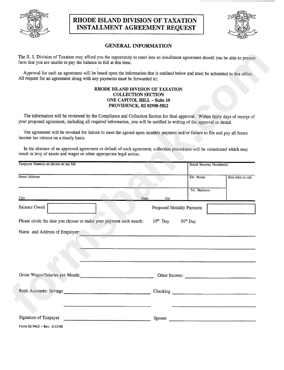 Form Ri 9465 - Installment Agreement Request - Rhode Island Division Of Taxation