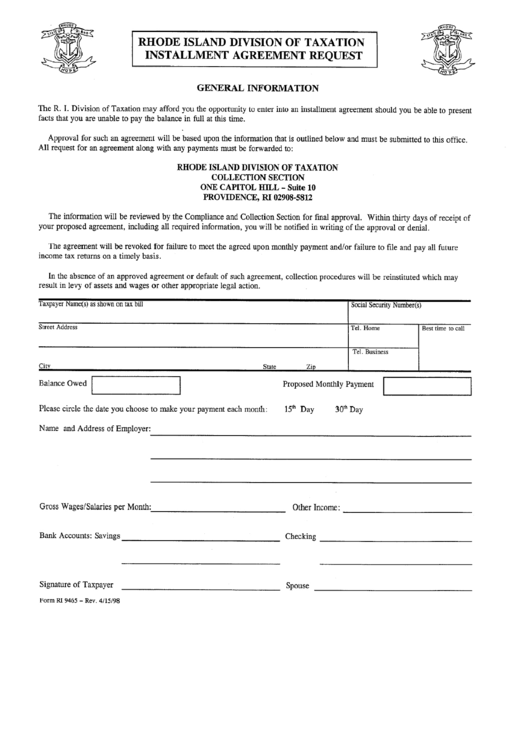 Fillable Form Ri 9465 - Installment Agreement Request - Rhode Island Division Of Taxation Printable pdf