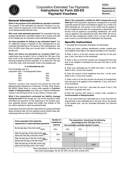 Instructions For Form 355-Es - Corporation Estimated Tax Payments - 2004 Printable pdf
