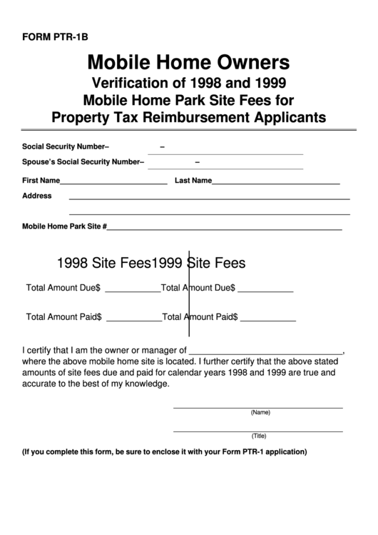 Form Ptr-1b - Verification Of 1998 And 1999 Mobile Home Park Site Fees For Property Tax Reimbursement Applicants Printable pdf