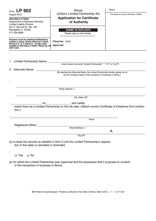 Fillable Form Lp 902 - Application For Certificate Of Authority Printable pdf