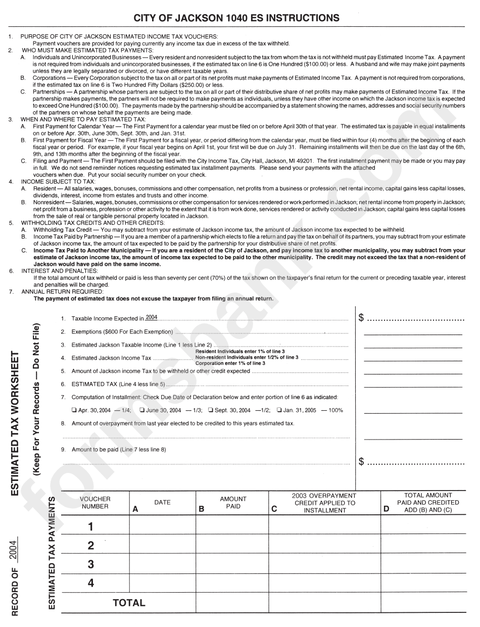 Form 1040 Es Instructions - Estimated Income Tax - City Of Jackson - 2004