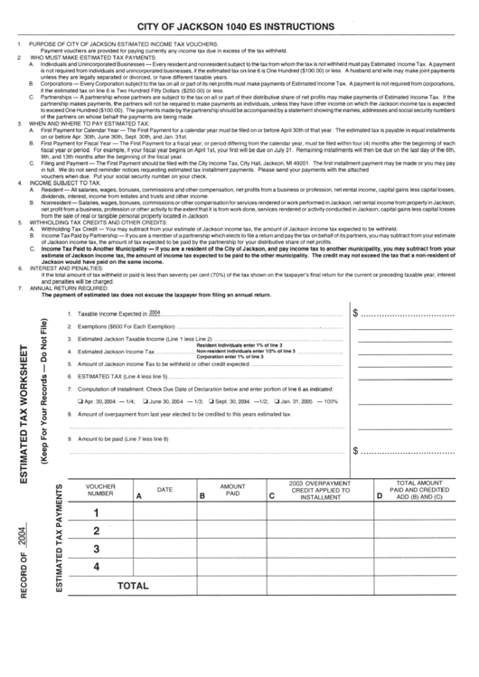 Form 1040 Es Instructions - Estimated Income Tax - City Of Jackson - 2004 Printable pdf