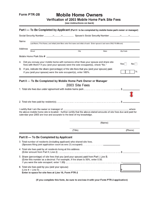 Form Ptr-2b - Verification Of 2003 Mobile Home Park Site Fees Printable pdf