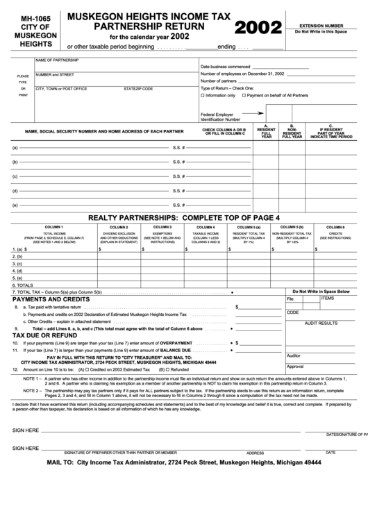 Form Mh-1065 - Muskegom Heights Income Tax Partnership Return - 2002 Printable pdf