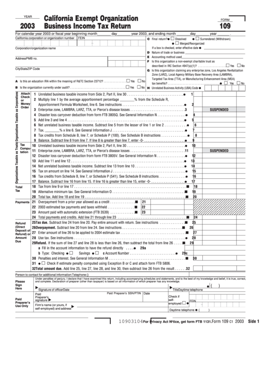 Form 109 - California Exempt Organization Business Income Tax Return - 2003 Printable pdf