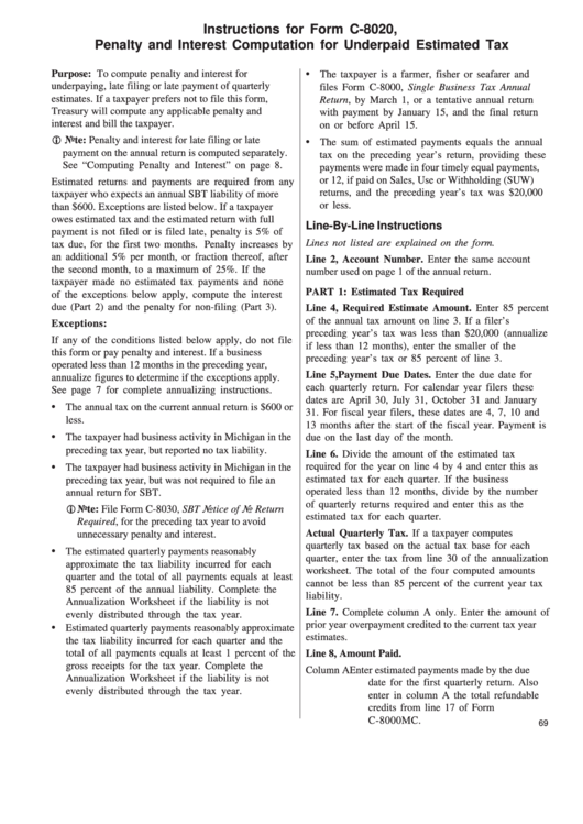 Instructions For Form C-8020 - Michigan Sbt Penalty And Interest Computation For Underpaid Estimate Tax Printable pdf