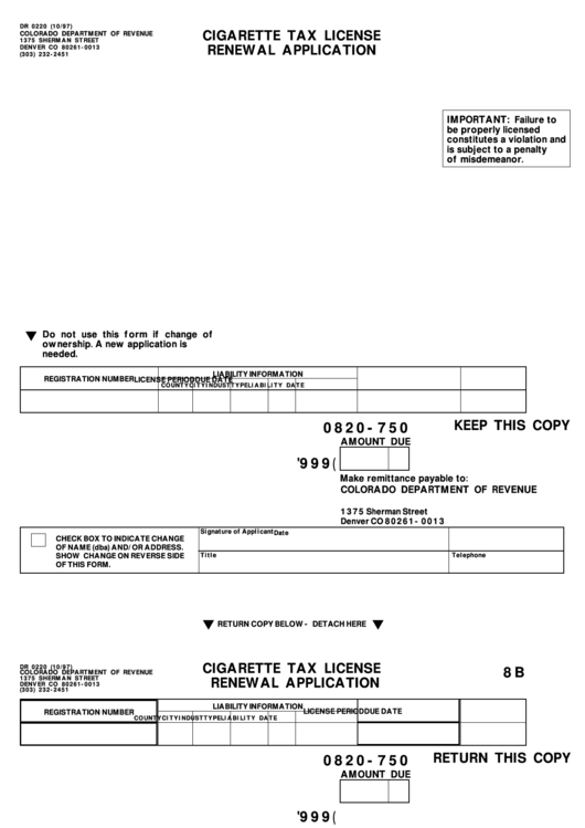Form Dr 0220 - Cigarette Tax License Renewal Application Printable pdf