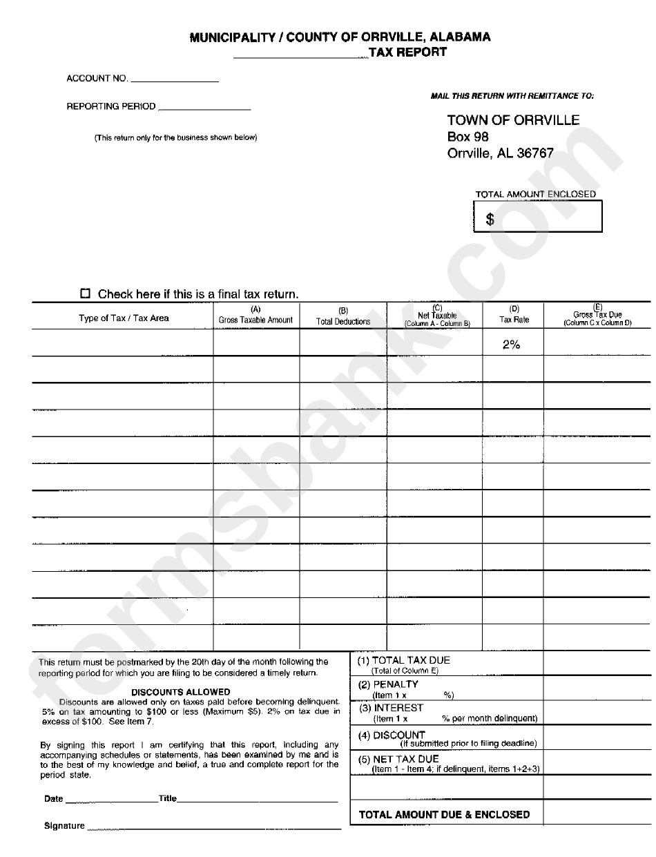 Tax Report Form - Municipality/county Of Orrville