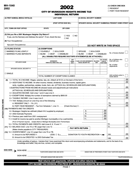 Form Mh-1040 - City Of Muskegon Heights Income Tax Individual Return - 2002 Printable pdf