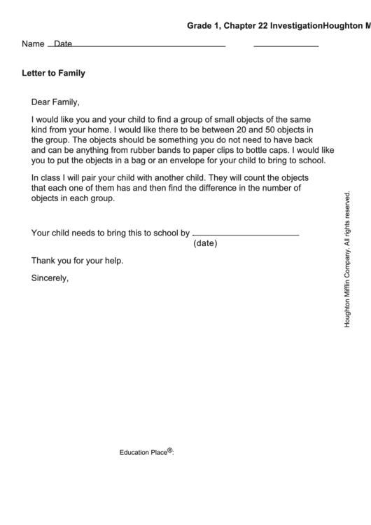 Letter To Family (Grade 1) Printable pdf