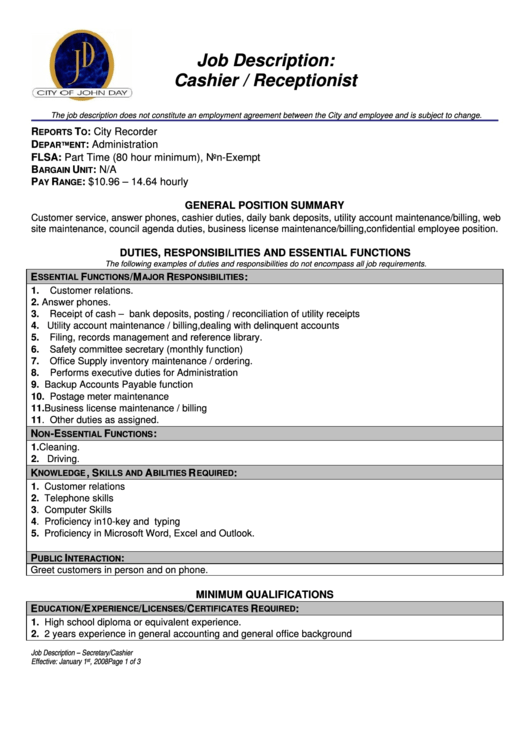 Job Description - Cashier/receptionist Printable pdf