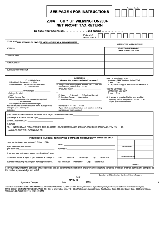 City Of Wilmington Net Profit Tax Return - 2004 Printable pdf