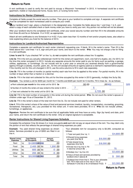 Instrucrions For Rent Certificate - 2013 printable pdf download