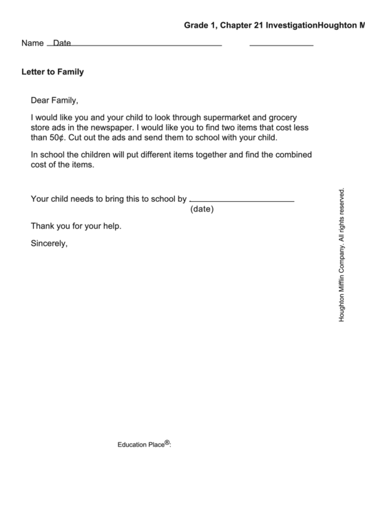 Letter To Family Template - Two Items Less Than 50 Cents Printable pdf