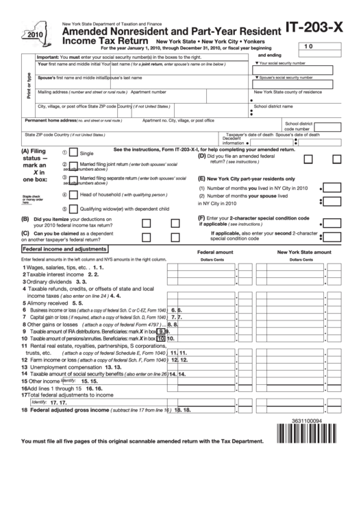 Fillable Form It-203-X - Amended Nonresident And Part-Year Resident - Income Tax Return - 2010 Printable pdf