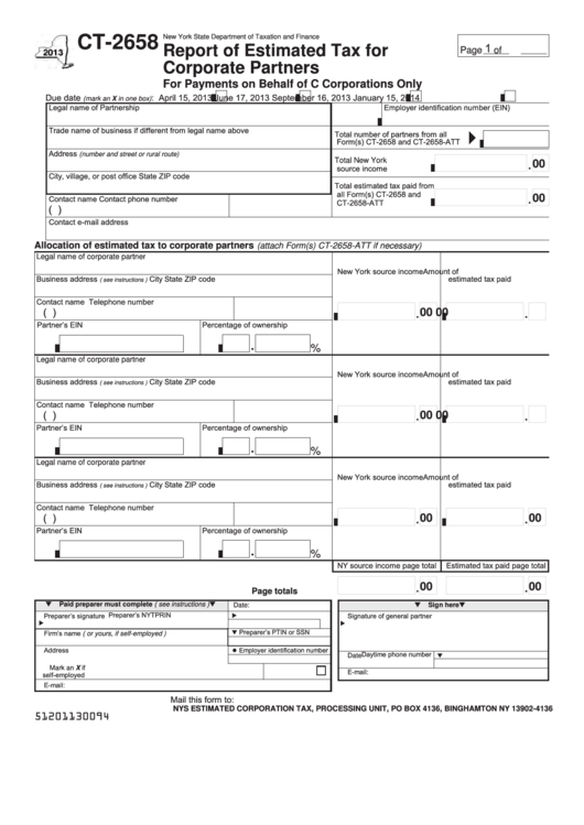 Fillable Form Ct-2658 - Report Of Estimated Tax For Corporate Partners For Payments On Behalf Of C Corporations Only - 2013 Printable pdf