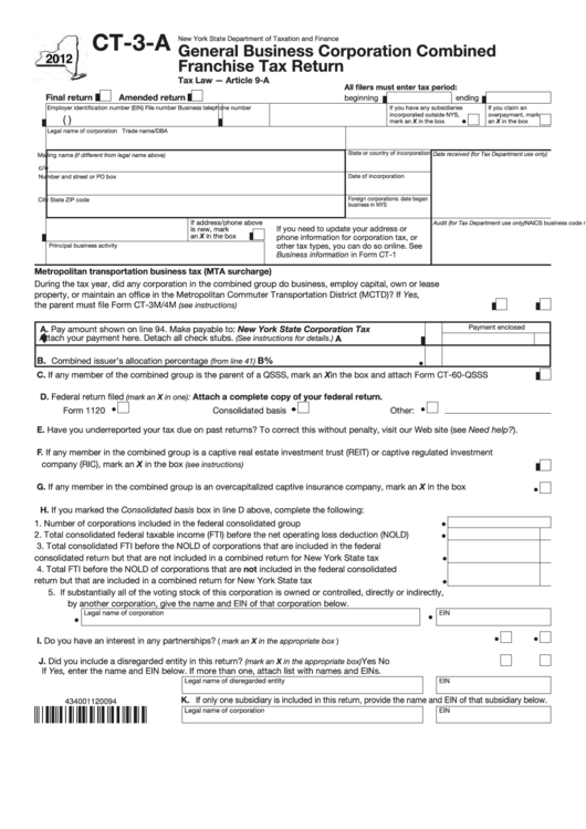 Form Ct-3-A - General Business Corporation Combined Franchise Tax Return - 2012 Printable pdf