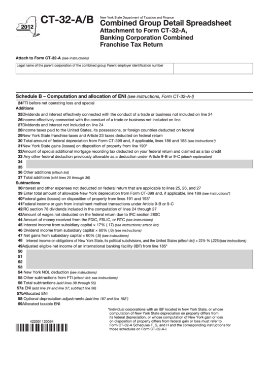 Form Ct-32-A/b - Combined Group Detail Spreadsheet - Attachment To Form Ct-32-A - Banking Corporation Combined Franchise Tax Return - 2012 Printable pdf