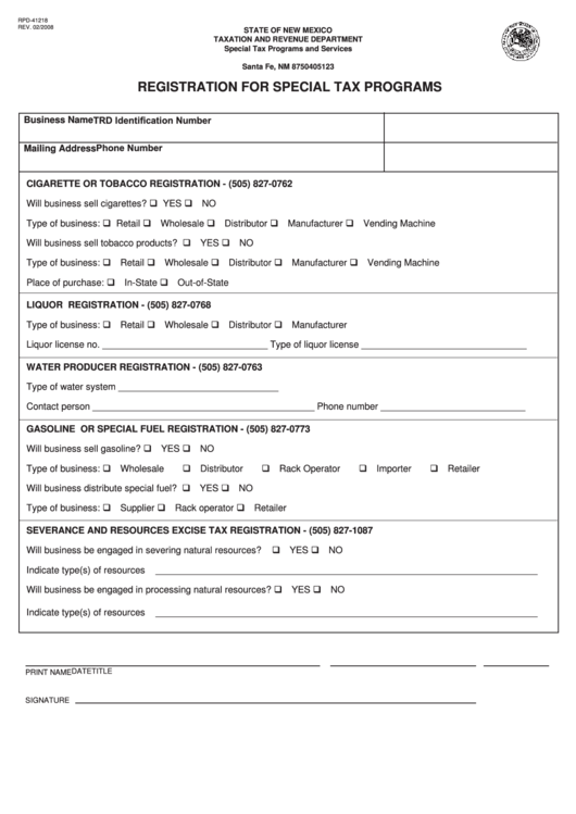 Form Rpd-41218 - Registration For Special Tax Programs - State Of New Mexico Taxation And Revenue Department Printable pdf