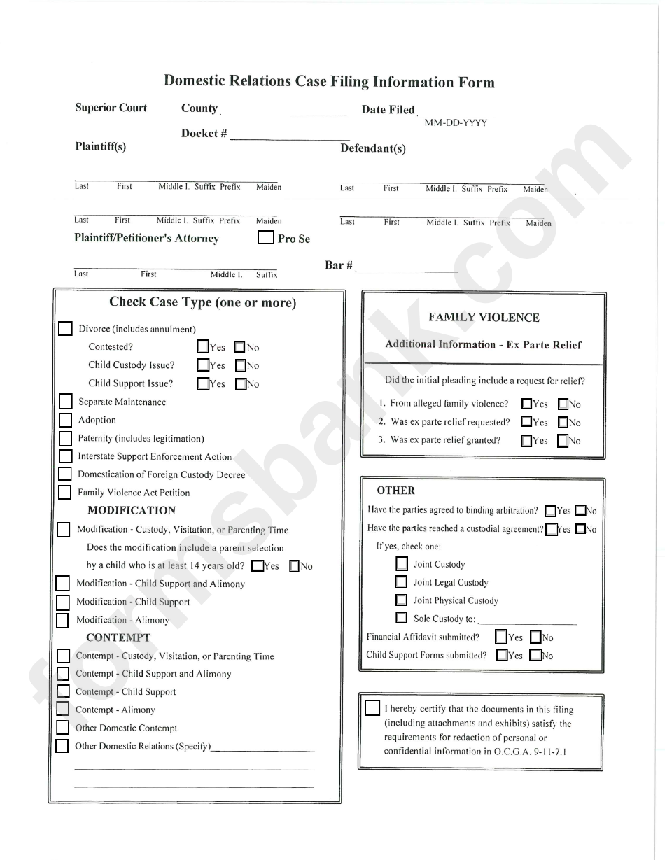 Domestic Relations Case Filing Information Form