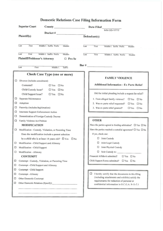 Fillable Domestic Relations Case Filing Information Form Printable pdf