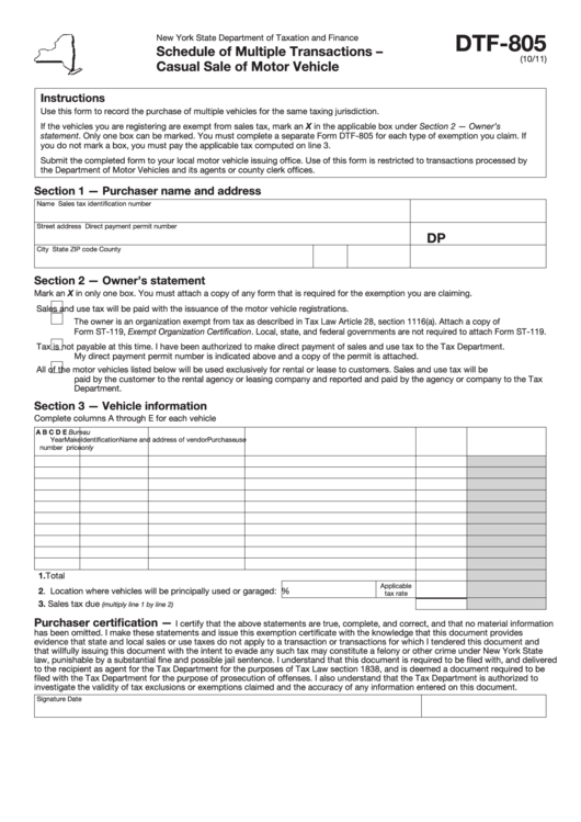 Form Dtf-805 - Schedule Of Multiple Transactions - Casual Sale Of Motor ...