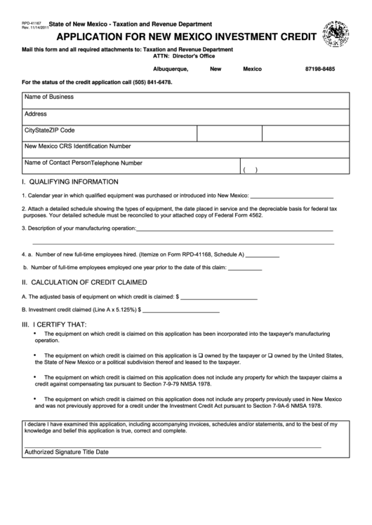 Form Rpd-41167 - Application For New Mexico Investment Credit Printable pdf