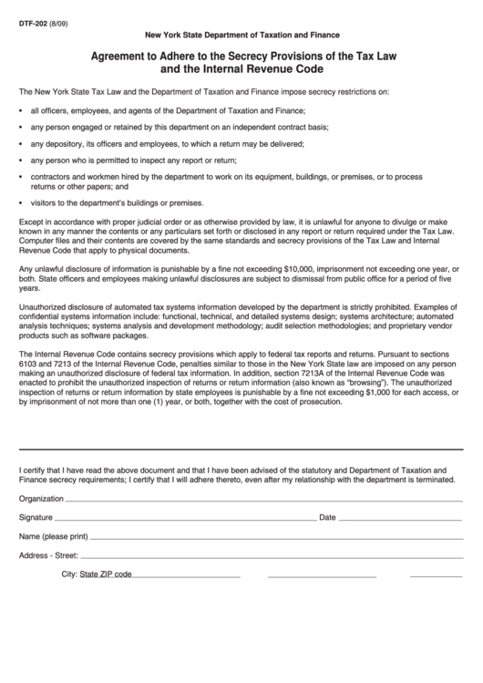 Form Dtf-202 - Agreement To Adhere To The Secrecy Provisions Of The Tax Law And The Internal Revenue Code Printable pdf