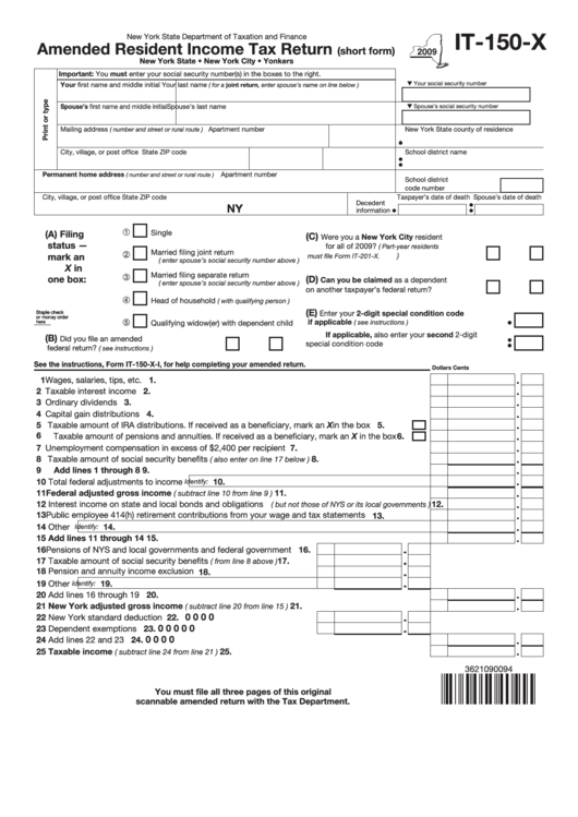 Fillable Form It-150-X - Amended Resident Income Tax Return (Short Form) - New York State Department Of Taxation And Finance - 2009 Printable pdf