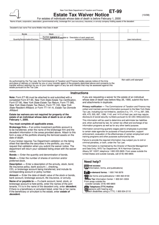 Form Et-99 - Estate Tax Waiver Notice - New York State Department Of Taxation And Finance Printable pdf