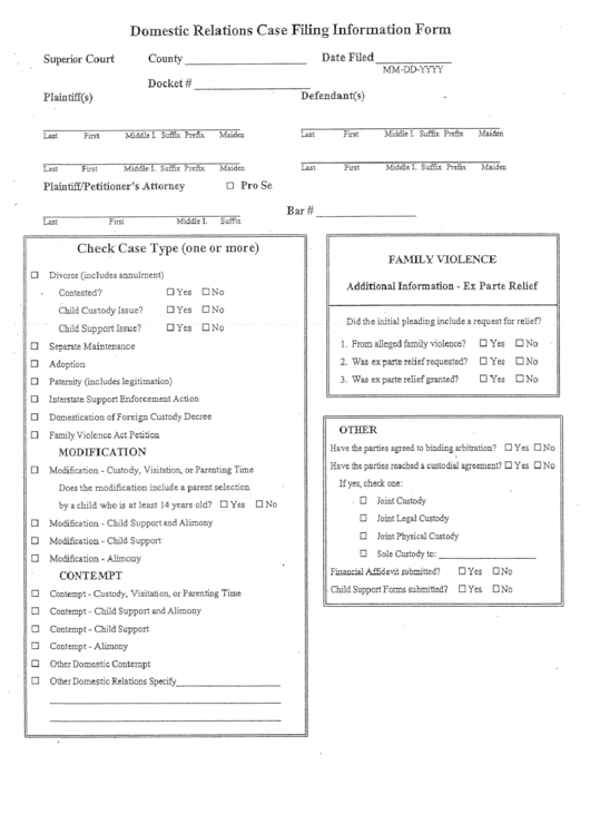 Domestic Relatioms Case Filing Information Form Printable pdf