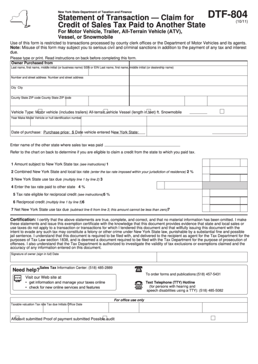 Form Dtf-804 - Statement Of Transaction - Claim For Credit Of Sales Tax Paid To Another State - New York State Department Of Taxation And Finance Printable pdf