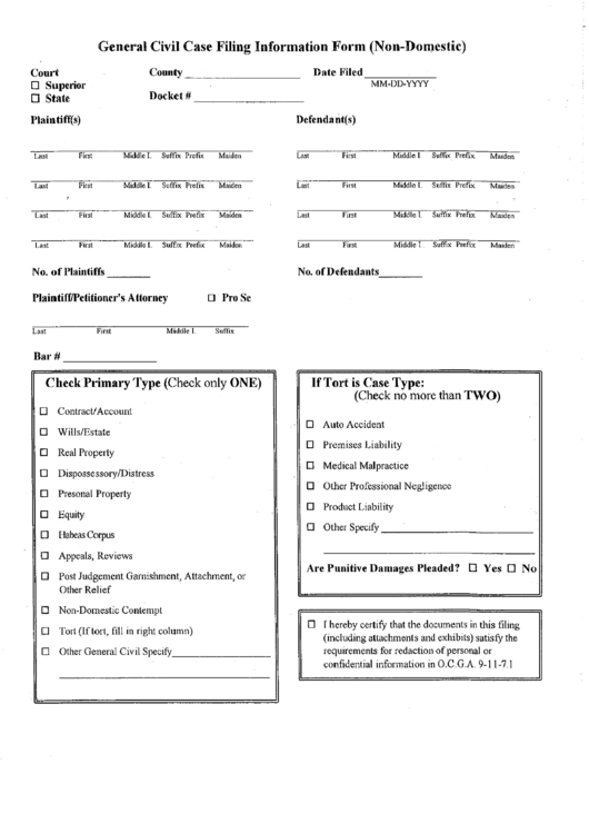 General Civil Case Filing Information Form (Non-Domestic) Printable pdf