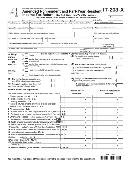 Fillable Form It-203-X - Amended Nonresident And Part-Year Resident - Income Tax Return - New York State Department Of Taxation And Finance - 2011 Printable pdf
