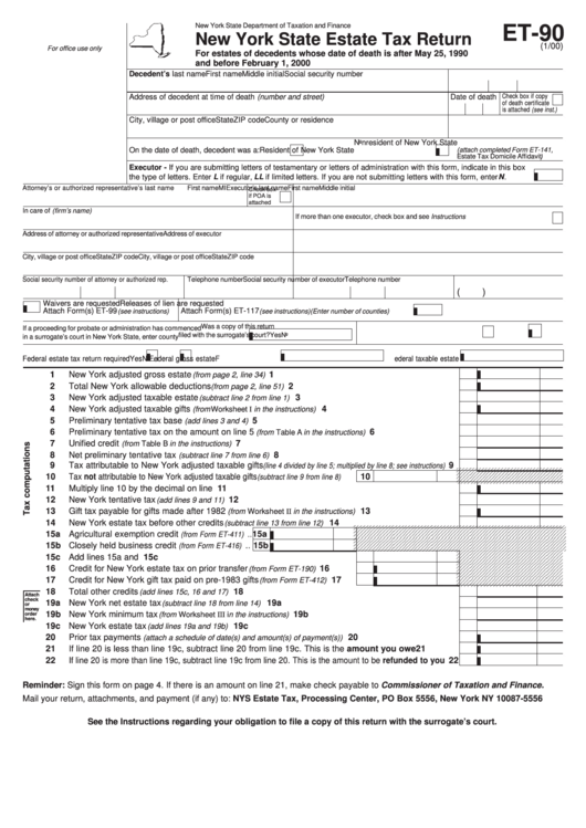 Form Et-90 - New York State Estate Tax Return Printable pdf