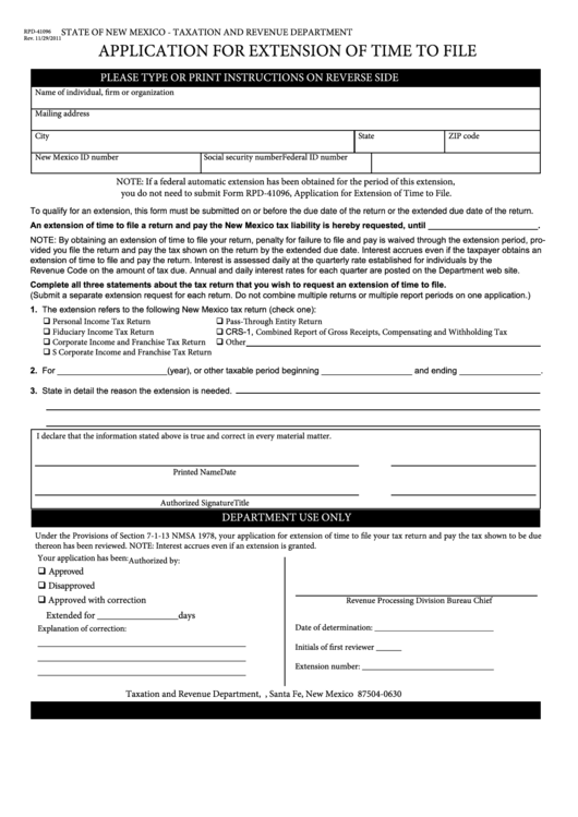 Form Rpd-41096 - Application For Extension Of Time To File - State Of New Mexico Taxation And Revenue Department Printable pdf